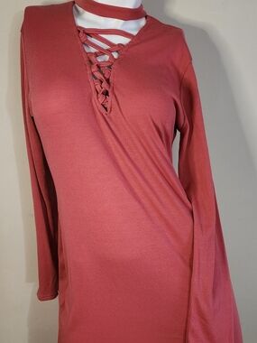 Mauve Ribbed Lace Up Mini Dress Choker Neck Long Sleeve